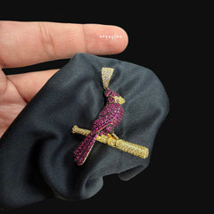 Iced Out Cardinal Bird Pendant Necklace Pink Red CZ Gold Hip Hop Statement Charm with Free Chain