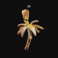 14K Gold Plated Iced Out Palm Tree Pendant | CZ Diamond Hip Hop Tropical Necklace with Free Rope Chain