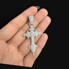 Moissanite Gothic Cross Pendant, Iced Out 925 Sterling Silver Hip Hop Necklace w 24" Rope Chain