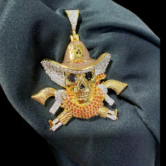 Gold Iced Out Cowboy Skull Pendant