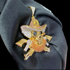 Gold Iced Out Cowboy Skull Pendant