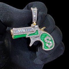 14K Gold Plated Iced Out Money Gun Pendant | Green Enamel CZ Diamond Hip Hop Necklace | Free 22" Stainless Rope Chain