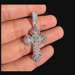 Moissanite Baguette Solitaire Cross Pendant, 925 Silver Iced Out Hip Hop Necklace, GRA Certified w 24" Chain