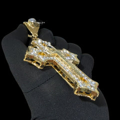 Big Gold Iced Out Cross Pendant, 14K Gold Plated CZ Diamond Christian Necklace, Religious Hip Hop Jewelry with Rope Chain