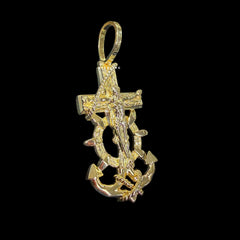 14K Gold Plated Anchor Jesus Cross Pendant, Mens Religious Nautical Necklace, Gold Crucifix Anchor Pendant, Christian Hip Hop Jewelry