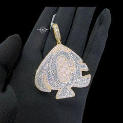 Gold Iced Out Spade Pendant, 14K Gold Plated Baguette CZ Diamond Playing Card Charm, Mens Hip Hop Jewelry Necklace