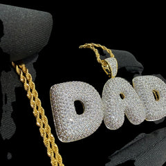 Iced Out DAD Pendant, 14K Gold Plated CZ Dad Necklace, Father’s Day Gift for Him, Hip Hop Jewelry with Rope Chain