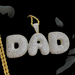 Iced Out DAD Pendant, 14K Gold Plated CZ Dad Necklace, Father’s Day Gift for Him, Hip Hop Jewelry with Rope Chain