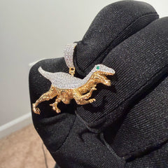 Gold Iced Out Dinosaur Pendant, Green Eye CZ Diamond Necklace, Solid 925 Sterling Silver Hip Hop Jewelry, 22 Inch Rope Chain