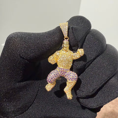 Gold Iced Out Muscular Fighter Pendant, Solid 925 Sterling Silver VVS Simulated CZ Diamond Necklace, Purple CZ Hip Hop Jewelry, 22 Inch Rope Chain