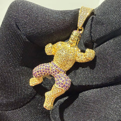 Gold Iced Out Muscular Fighter Pendant, Solid 925 Sterling Silver VVS Simulated CZ Diamond Necklace, Purple CZ Hip Hop Jewelry, 22 Inch Rope Chain
