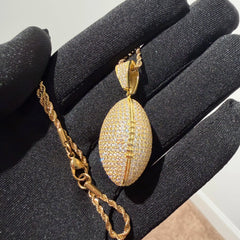 Gold Iced Out Football Pendant, Solid 925 Sterling Silver VVS CZ Diamond Necklace, Sports Jewelry, 22 Inch Rope Chain
