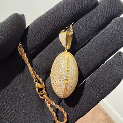 Gold Iced Out Football Pendant, Solid 925 Sterling Silver VVS CZ Diamond Necklace, Sports Jewelry, 22 Inch Rope Chain