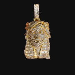 Jesus with Thorns Baguette Iced Out Pendant Gold Tone
