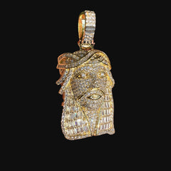 Jesus with Thorns Baguette Iced Out Pendant Gold Tone