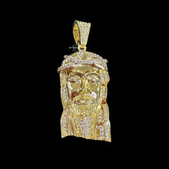 Gold Iced Out Jesus Pendant, 14K Gold Plated CZ Diamond Jesus Face Necklace, Mens Christian Hip Hop Jewelry, Religious Pendant