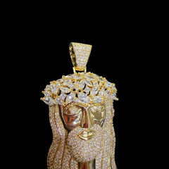 Gold Iced Out Jesus Pendant, 14K Gold Plated CZ Diamond Jesus Face Necklace, Crown of Thorns Christian Hip Hop Jewelry for Men