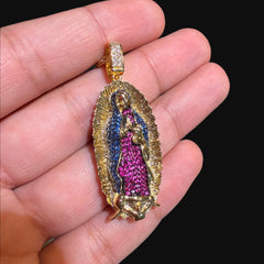 Small Gold Virgin Mary Purple and Blue CZ Pendant