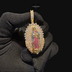 Gold Ruby Blue Iced Out Virgin Mary Pendant