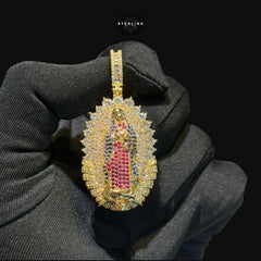 Gold Ruby Blue Iced Out Virgin Mary Pendant