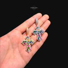 Multicolor Iced Out Cross Pendant - 14k Gold Plated