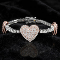 Moissanite Heart Bracelet 925 Sterling Silver Two Tone Rose Gold Iced Out Tennis Link Bracelet for Women 7β Hypoallergenic Diamond Tester Pass Luxury Gift