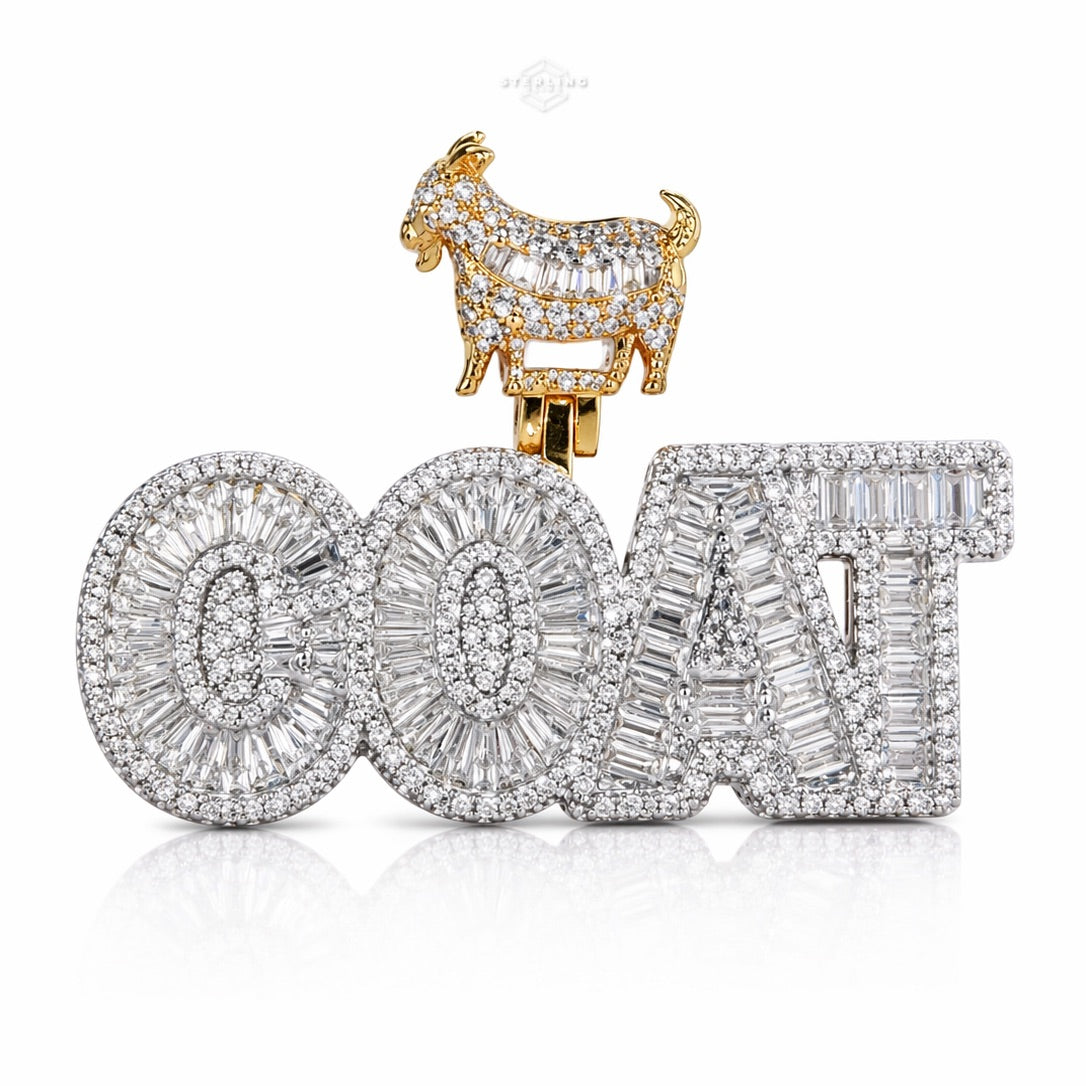 Gold goat pendant with diamond-studded 'GOAT' letters on a white background