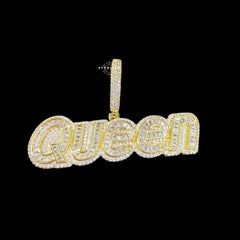 Gold Iced Out Queen Pendant, 14K Gold Plated CZ Diamond Baguette Letter Necklace, Hip Hop Statement Jewelry for Women