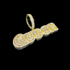 Gold Iced Out Queen Pendant, 14K Gold Plated CZ Diamond Baguette Letter Necklace, Hip Hop Statement Jewelry for Women