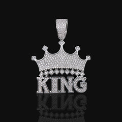 Iced Out King Crown Pendant, Solid 925 Sterling Silver VVS Simulated CZ Diamond Necklace, Hip Hop Jewelry, 22 Inch Rope Chain