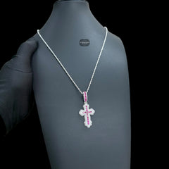Pink Iced Out Cross Pendant | 14K White Gold Plated Pink CZ Christian Cross Necklace Hip Hop Pendant with Free Rope Chain