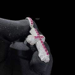 Pink Iced Out Cross Pendant | 14K White Gold Plated Pink CZ Christian Cross Necklace Hip Hop Pendant with Free Rope Chain