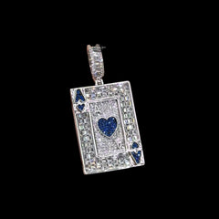 Ace of Hearts Card Pendant | 14K White Gold Plated Blue Heart CZ Playing Card Necklace, Iced Out Hip Hop Pendant with Free Rope Chain