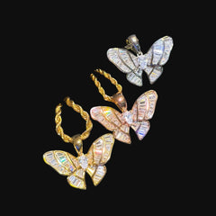 Iced Out Baguette Butterfly Pendant Necklace Gold Silver or Rose Gold, CZ Diamond Butterfly Charm, 14K Plated Hip Hop Jewelry