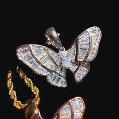 Iced Out Baguette Butterfly Pendant Necklace Gold Silver or Rose Gold, CZ Diamond Butterfly Charm, 14K Plated Hip Hop Jewelry