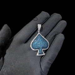 Blue Iced Out Spade Pendant | 14K White Gold Plated Blue CZ Poker Ace Spade Necklace Hip Hop Pendant with Free Rope Chain