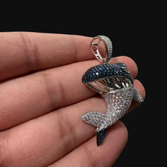 Blue Iced Out Shark Pendant, Solid 925 Sterling Silver VVS Simulated CZ Diamond Necklace, Hip Hop Jewelry, 22 Inch Rope Chain