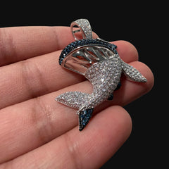 Blue Iced Out Shark Pendant, Solid 925 Sterling Silver VVS Simulated CZ Diamond Necklace, Hip Hop Jewelry, 22 Inch Rope Chain