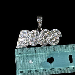 Iced Out BOSS Pendant, 14K White Gold Plated Baguette CZ Boss Necklace for Men, Hip Hop Jewelry with Rope Chain