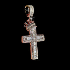 14K White Gold Plated Iced Out Cross Pendant | CZ Baguette Crown Cross Necklace | Hip Hop Faith Jewelry + Free 22" Rope Chain