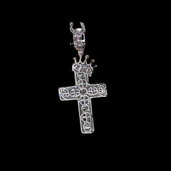14K White Gold Plated Iced Out Cross Pendant | CZ Baguette Crown Cross Necklace | Hip Hop Faith Jewelry + Free 22" Rope Chain