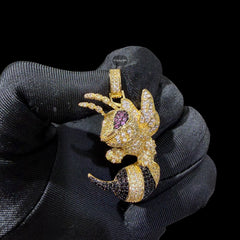 Iced Out Bee Pendant | 14K Gold Plated Bee Necklace, Black & Purple CZ Hip Hop Statement Pendant with Free Rope Chain