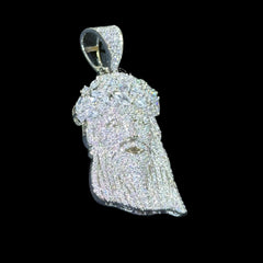 Iced Out Jesus Pendant, 14K White Gold Plated CZ Diamond Crown of Thorns, Mens Hip Hop Religious Jewelry