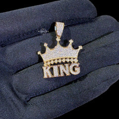 Gold Vermeil Iced Out King Crown Pendant, 925 Sterling Silver