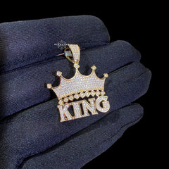 Gold Vermeil Iced Out King Crown Pendant, 925 Sterling Silver