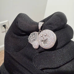 Iced Out Money Face Pendant, Solid 925 Sterling Silver VVS CZ Diamond Cash Fan Necklace, Hip Hop Jewelry, 22 Inch Rope Chain