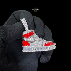14K White Gold Plated Iced Out Sneaker Pendant | CZ Diamond Red Enamel Shoe Necklace | Hip Hop Streetwea