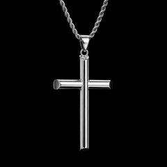 Large Silver Cross Pendant Necklace, Stainless Steel Necklace for Men