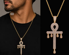 Big Iced Out Ankh Drip Pendant | 14K Gold Plated Egyptian Cross Necklace, Hip Hop CZ Pendant with Free Rope Chain