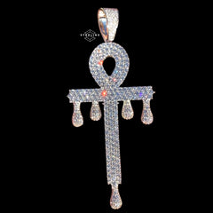 Large 14K White Gold Plated Iced Out Ankh Pendant | CZ Diamond Drip Ankh Cross Necklace | Hip Hop Jewelry + Free 22" Rope Chain